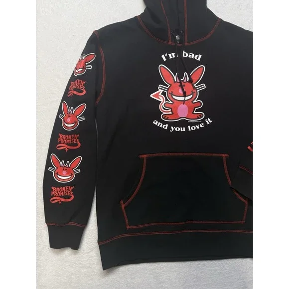 Broken Promises x Happy Bunny I'm Bad Contrast Black Hoodie Woman's Large Pocket - Picture 2 of 16